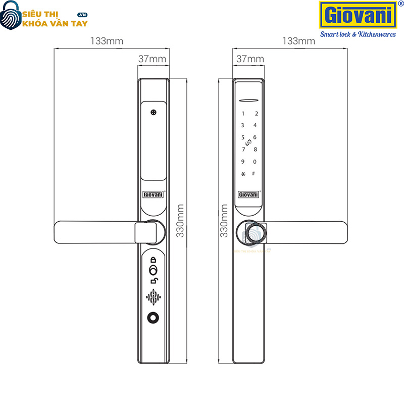 Khóa vân tay Giovani GSL-586B màu đen, bảo vệ an toàn cho cửa nhôm, thiết kế sang trọng