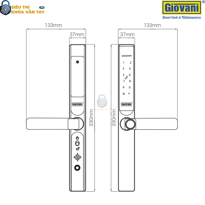 Khóa vân tay Giovani GSL-586G màu vàng, bảo vệ an toàn cho cửa nhôm, tính năng vượt trội