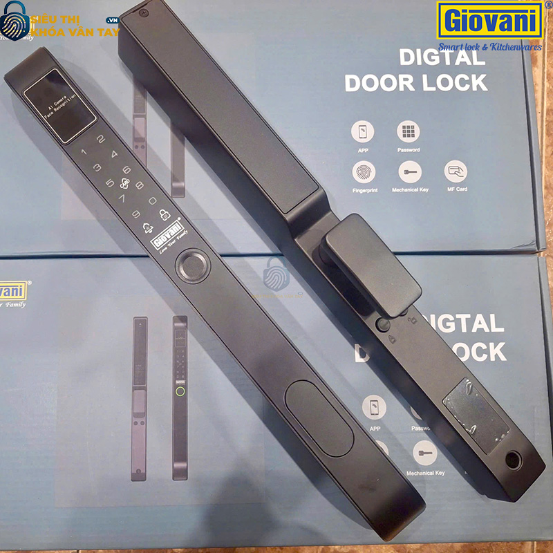 Khóa vân tay Giovani GSL-8801B màu đen, bảo vệ an toàn cho cửa nhôm, thiết kế sang trọng