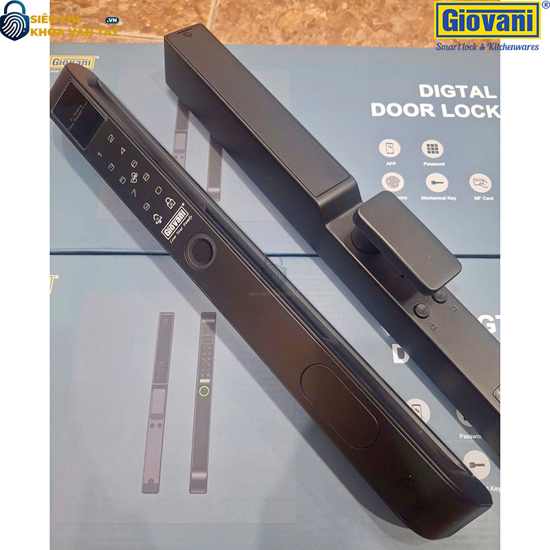 Khóa vân tay Giovani GSL-8801B màu đen, thiết kế hiện đại và bảo mật tuyệt đối cho cửa nhôm