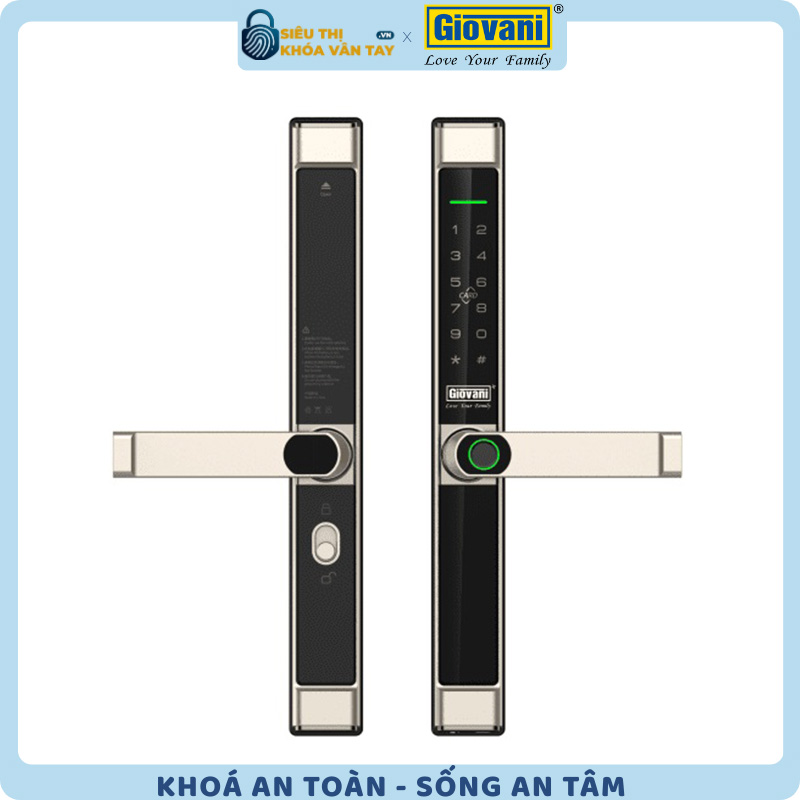 Khóa vân tay Giovani GSL-8801G màu vàng, bảo mật cao cho cửa nhôm, thiết kế sang trọng