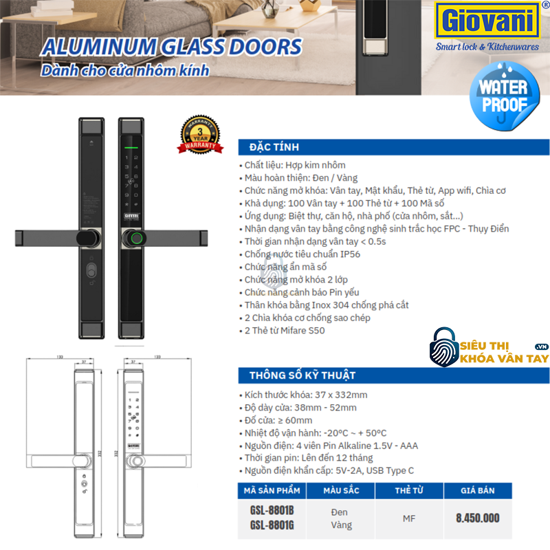 Khóa vân tay Giovani GSL-8801G màu vàng, thiết kế tinh tế, bảo mật tuyệt đối cho cửa nhôm