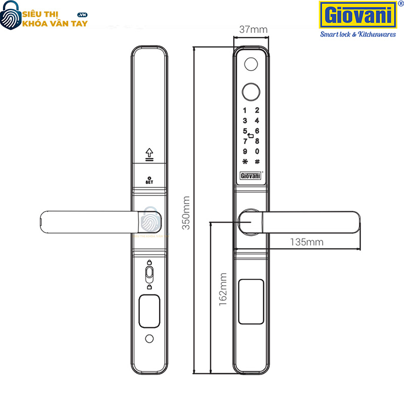 Khóa vân tay Giovani GSL-K276S màu bạc, bảo mật hiệu quả và thiết kế sang trọng cho cửa nhôm