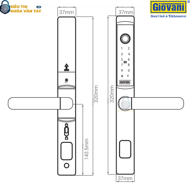 Khóa vân tay Giovani GSL-K511S màu bạc, thiết kế đẹp mắt và bảo mật hiệu quả cho cửa nhôm