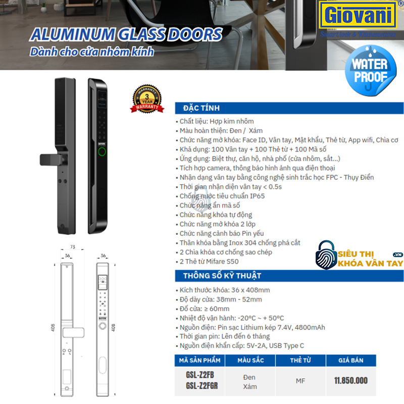 Khóa vân tay Giovani GSL-Z2FB màu đen, thiết kế tinh tế, bảo mật tuyệt đối cho cửa nhôm