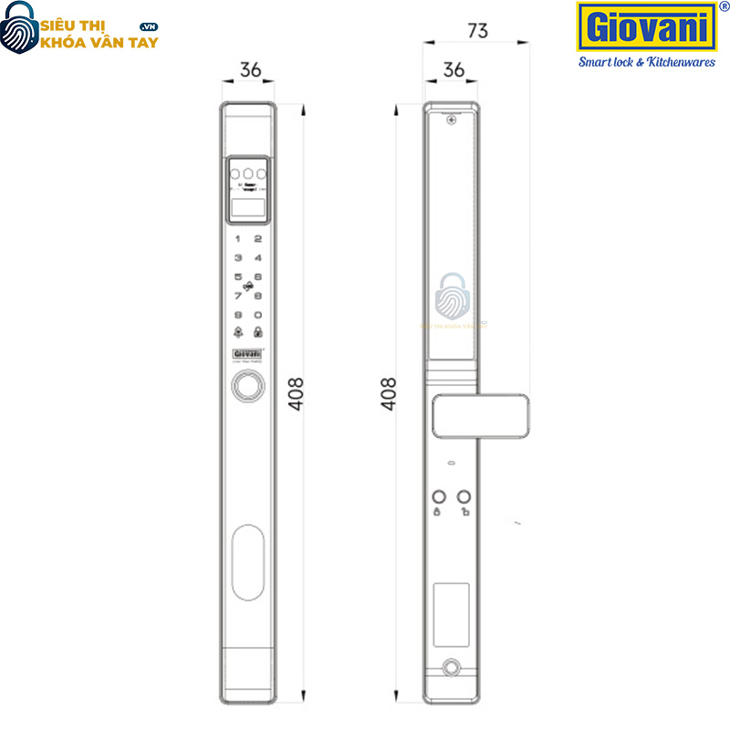 Khóa vân tay Giovani GSL-Z2FB màu đen, thiết kế tinh tế, bảo mật tuyệt đối cho cửa nhôm