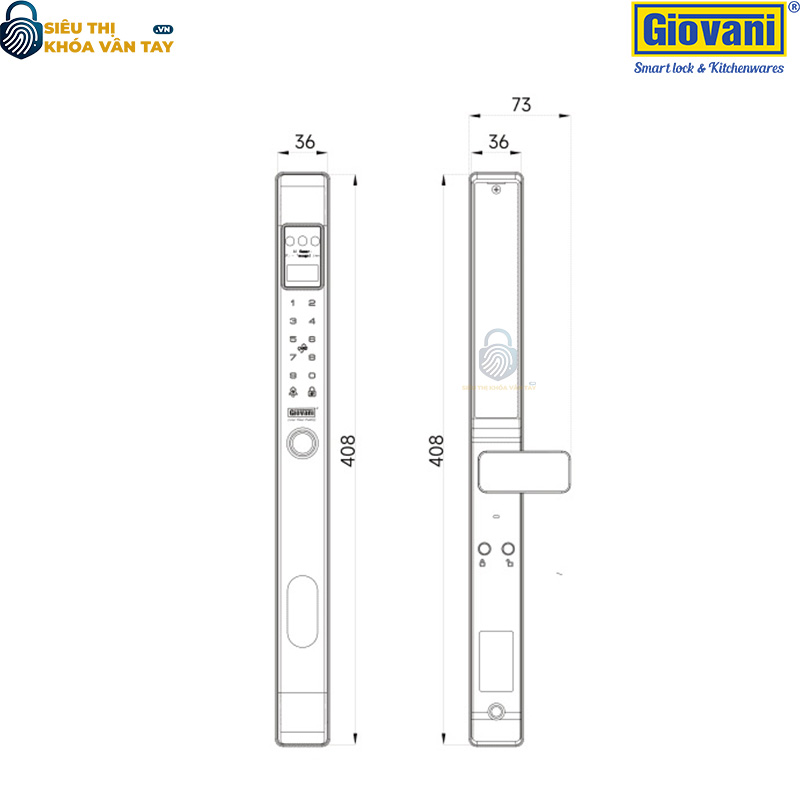 Khóa vân tay Giovani GSL-Z2FGR màu xám, bảo vệ an toàn cho cửa nhôm, tính năng vượt trội
