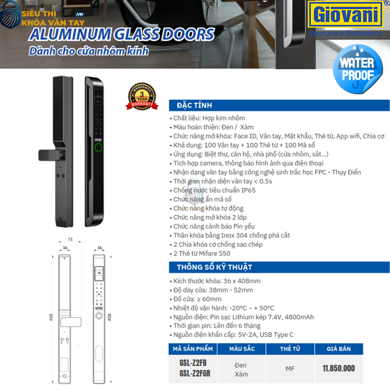 Khóa vân tay Giovani GSL-Z2FGR màu xám, bảo vệ an toàn cho cửa nhôm, tính năng vượt trội