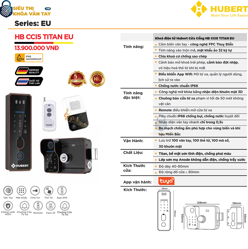 Khóa vân tay Hubert cửa cổng CC15 TITAN EU thiết kế hiện đại