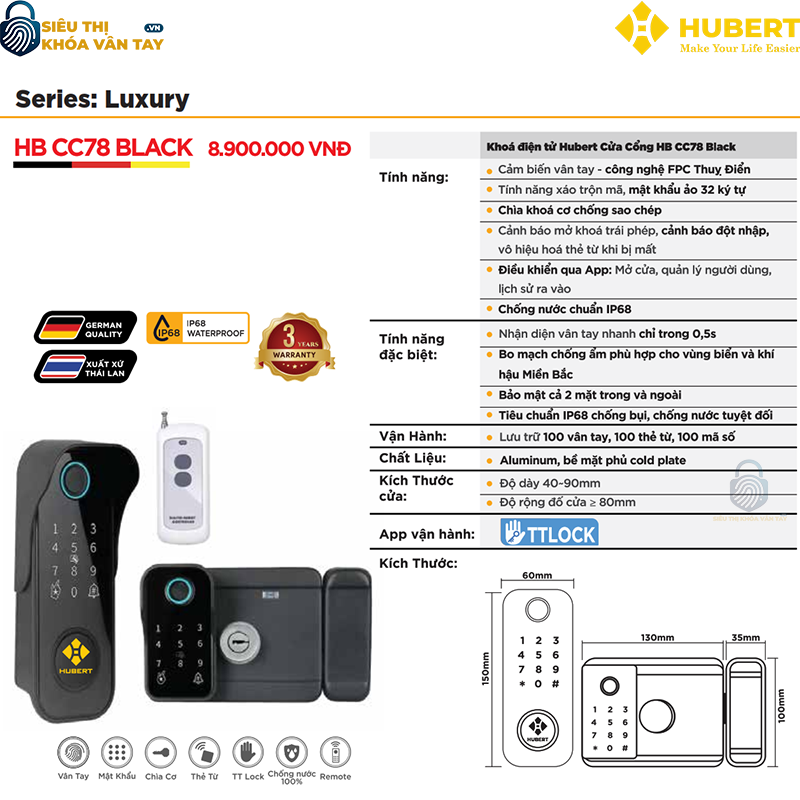 Thiết kế hiện đại của khóa vân tay Hubert cửa cổng CC78 BLACK tạo điểm nhấn sang trọng