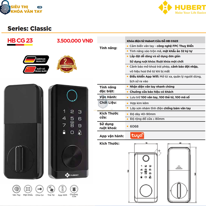 Khóa vân tay Hubert cửa gỗ CG23 mang đến giải pháp bảo mật hiện đại và tiện lợi.