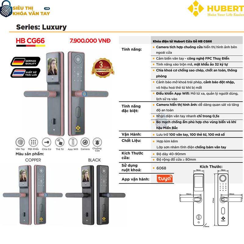 Khóa vân tay Hubert cửa gỗ CG66 thông minh bảo mật