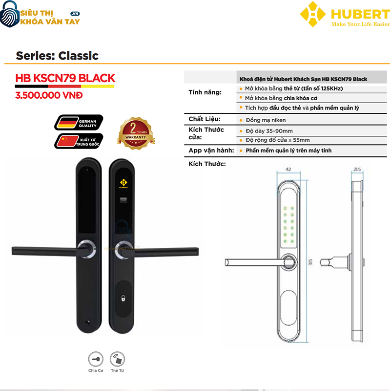 Khóa vân tay Hubert cửa khách sạn KSCN79 BLACK có thiết kế tối giản, hiện đại, phù hợp xu hướng nội thất cao cấp