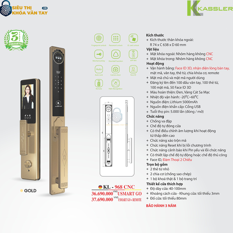 Khóa vân tay Kassler cửa gỗ KL-968 CNC Gold là lựa chọn cao cấp cho ngôi nhà hiện đại.