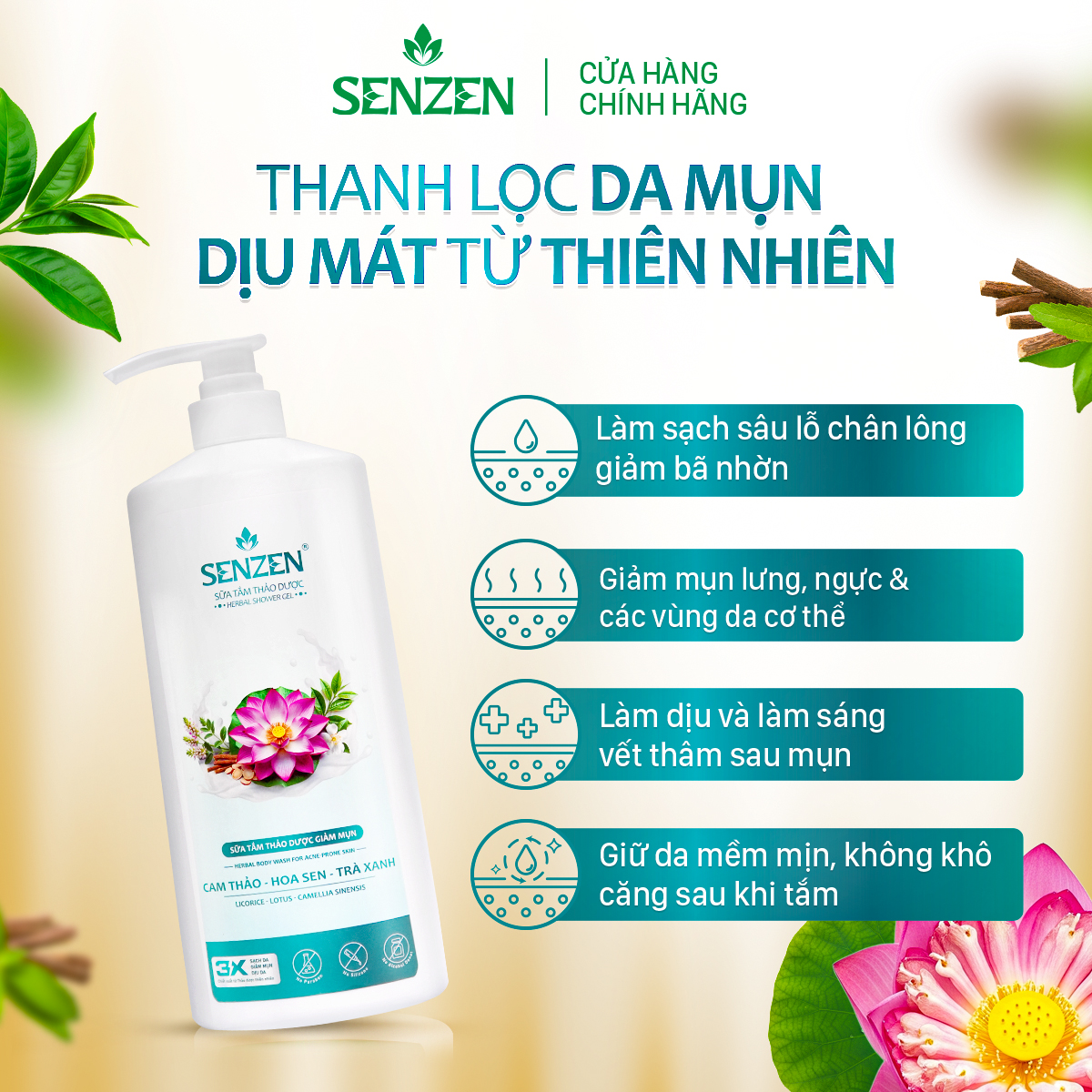 Mua 1 tặng 1 - Sữa Tắm Thảo Dược Giảm Mụn SenZen 860ML