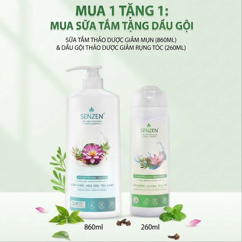 Mua 1 tặng 1 - Sữa Tắm Thảo Dược Giảm Mụn SenZen 860ML