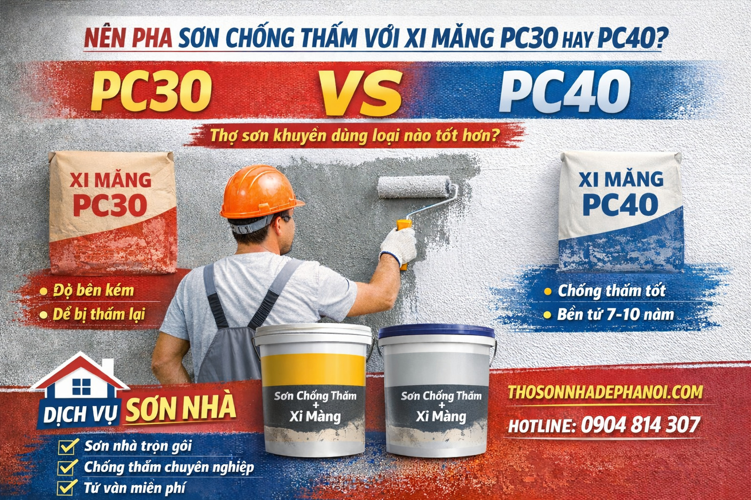 Nên pha sơn chống thấm với xi măng PC30 hay PC40? Thợ sơn chuyên nghiệp khuyên dùng loại nào?