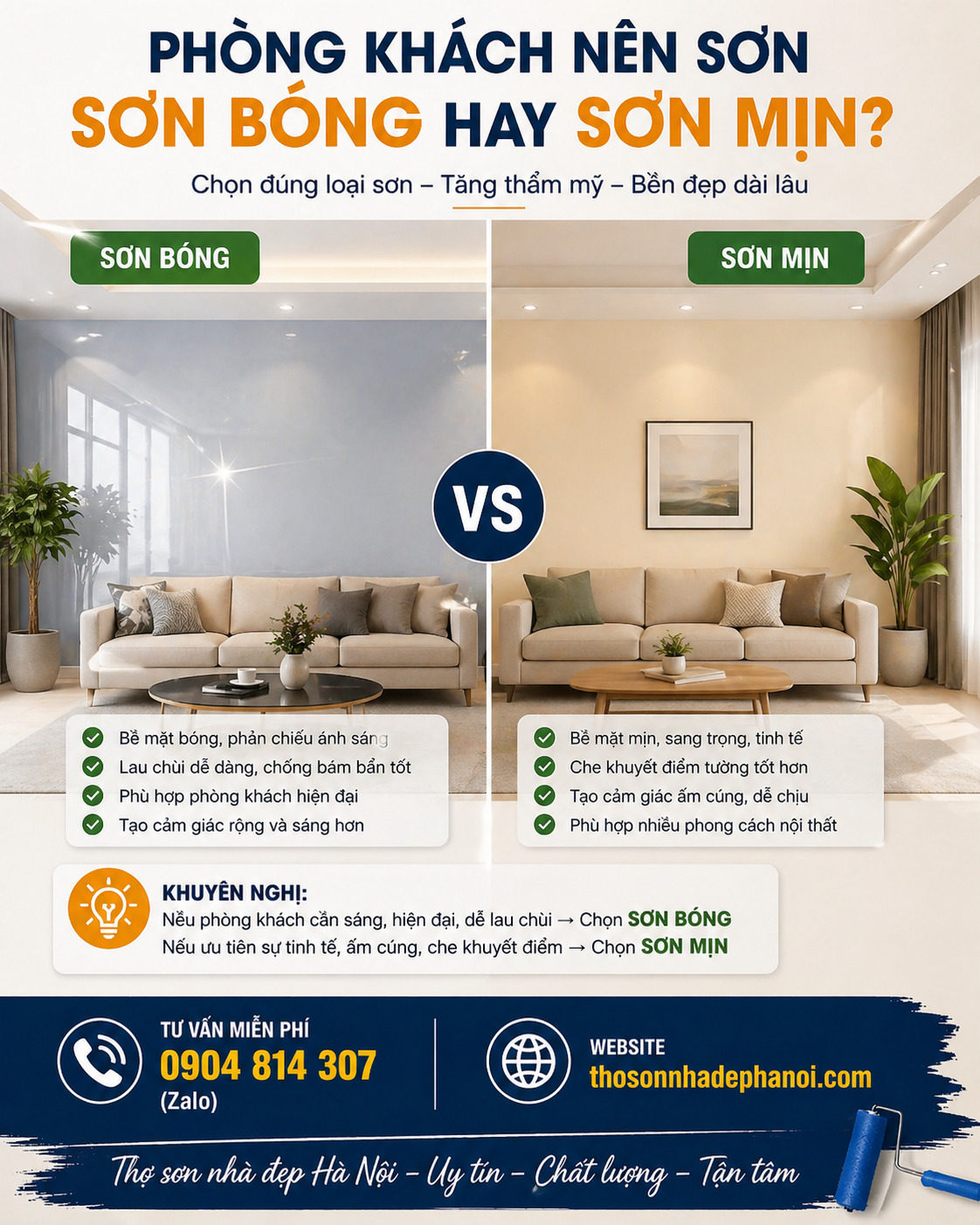 PHÒNG KHÁCH NÊN SƠN BÓNG HAY SƠN MỊN? - GIẢI ĐÁP TỪ THỢ SƠN NHÀ HÀ NỘI
