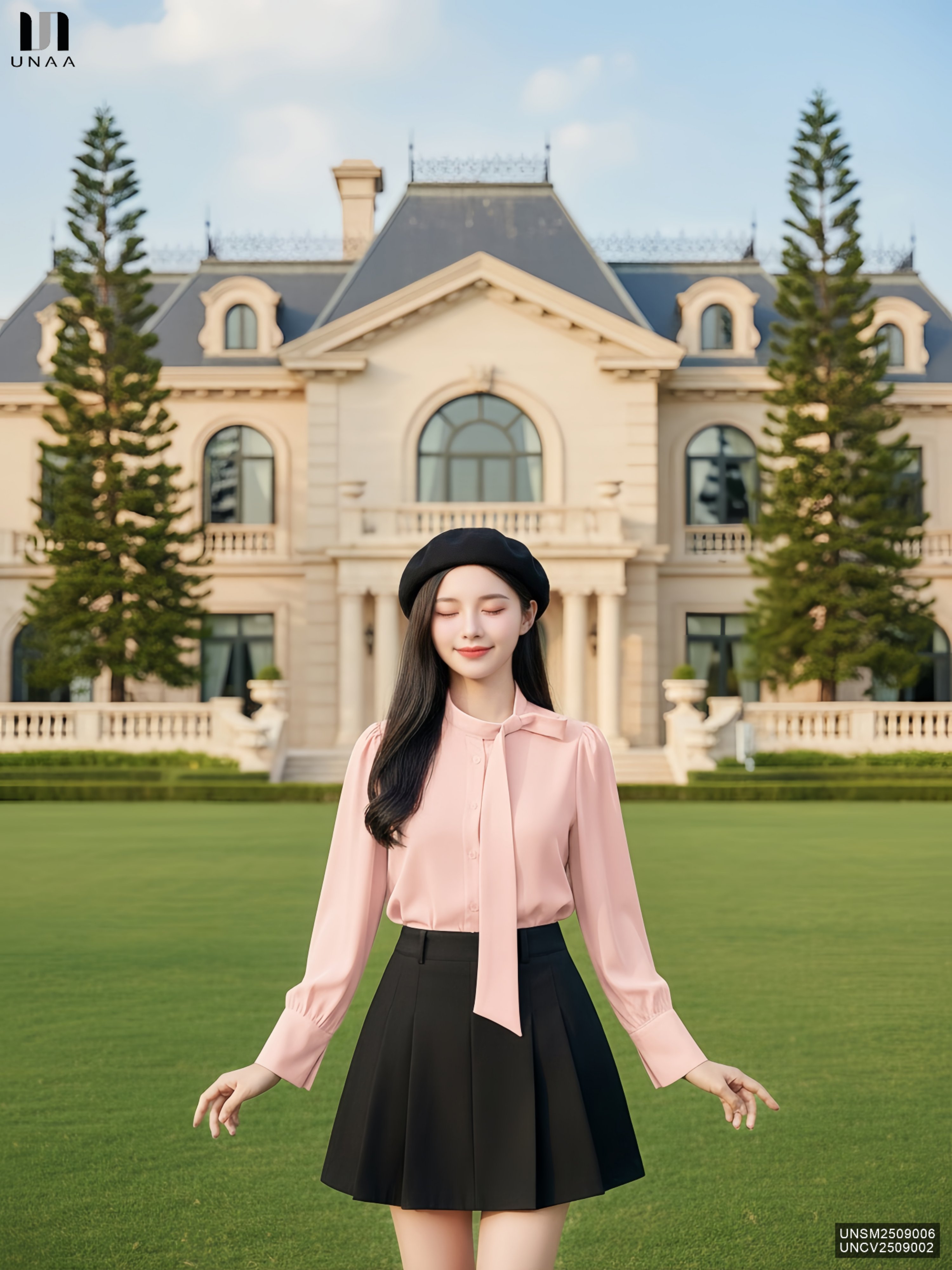 Sơ mi cổ tàu vạt nơ điệu đà, nữ tính UNSM2509006