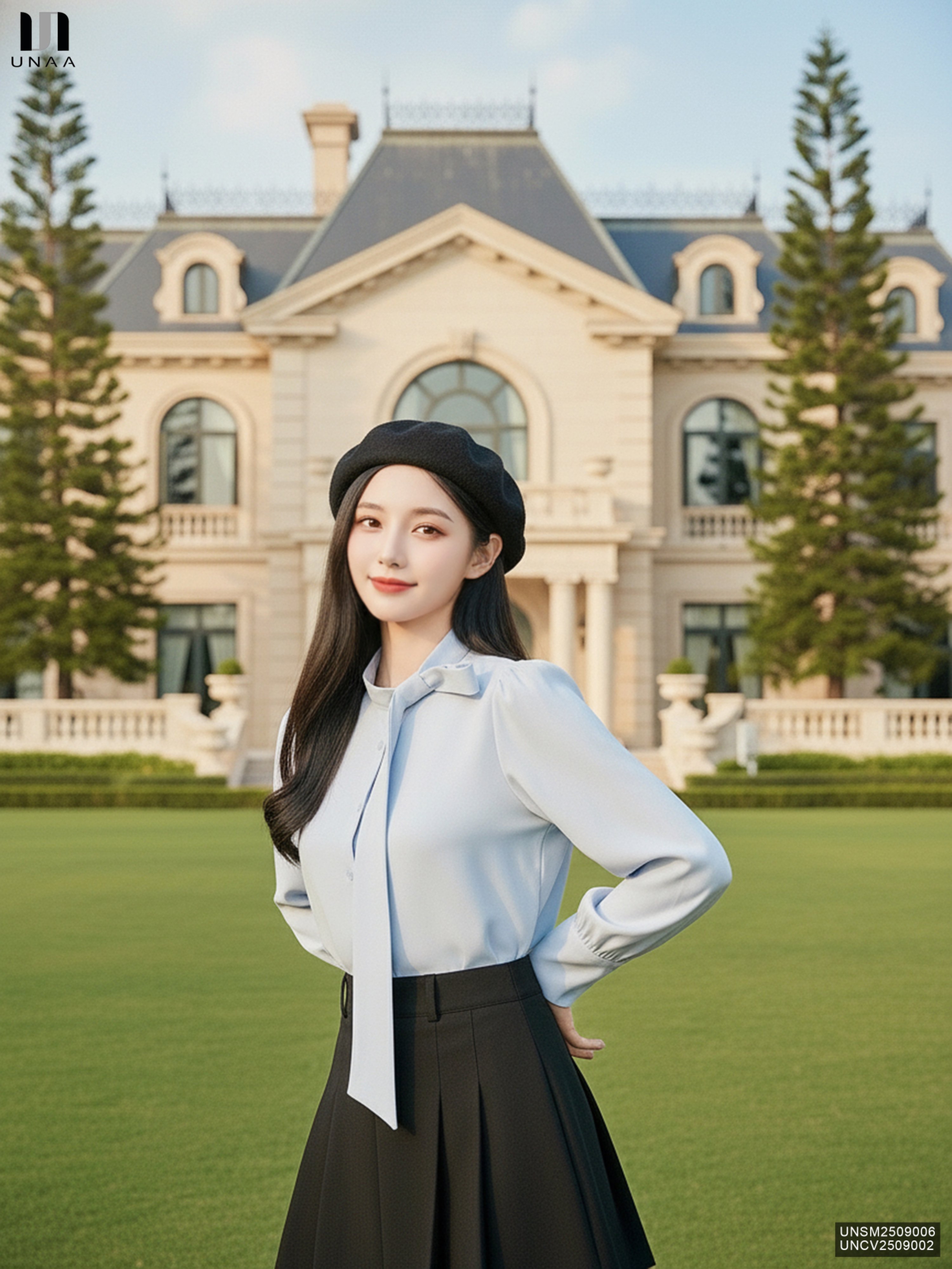 Sơ mi cổ tàu vạt nơ điệu đà, nữ tính UNSM2509006
