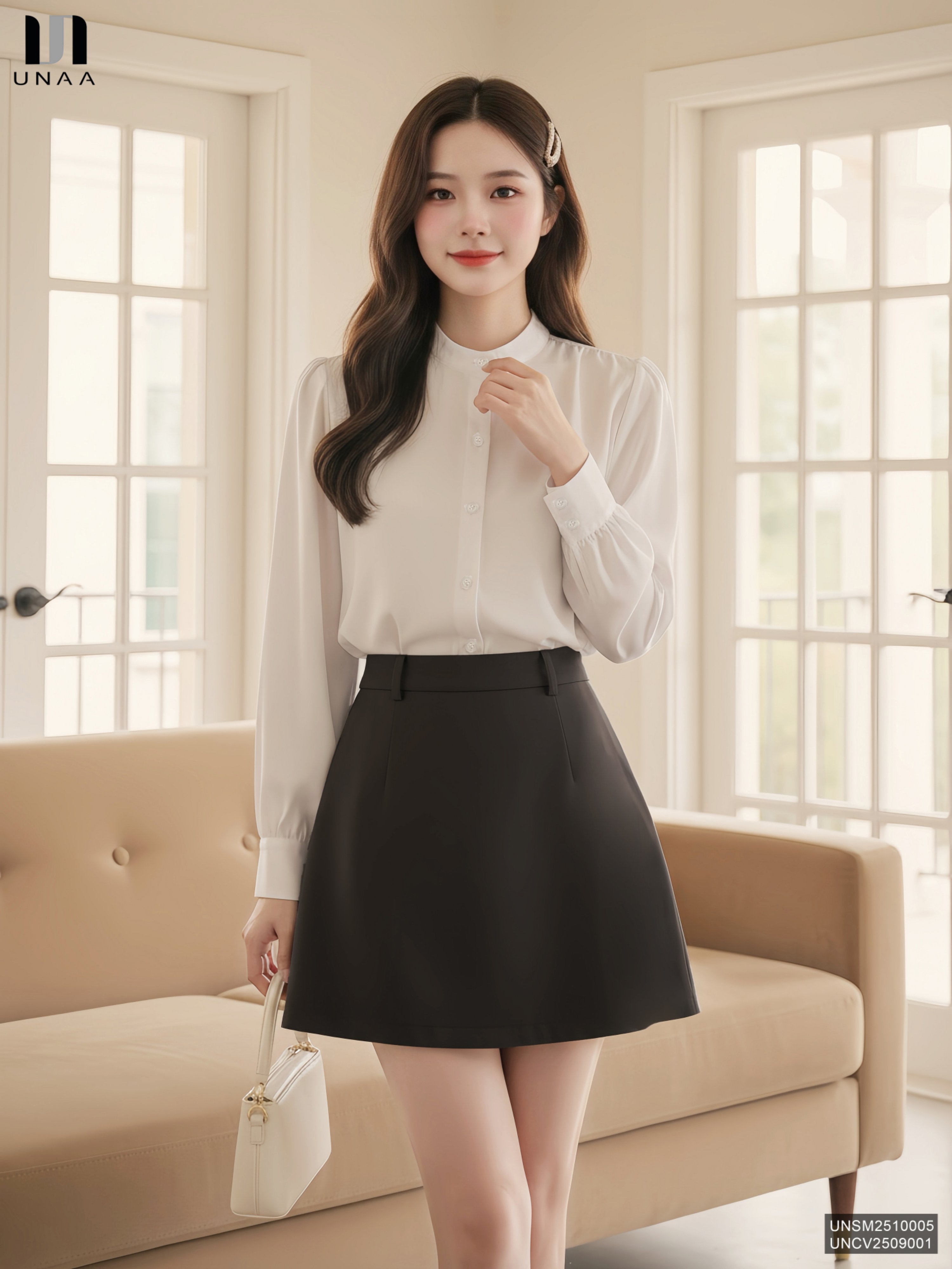 Sơ mi cổ tàu nhún vai trẻ trung, nhẹ nhàng tiểu thư UNSM2510005