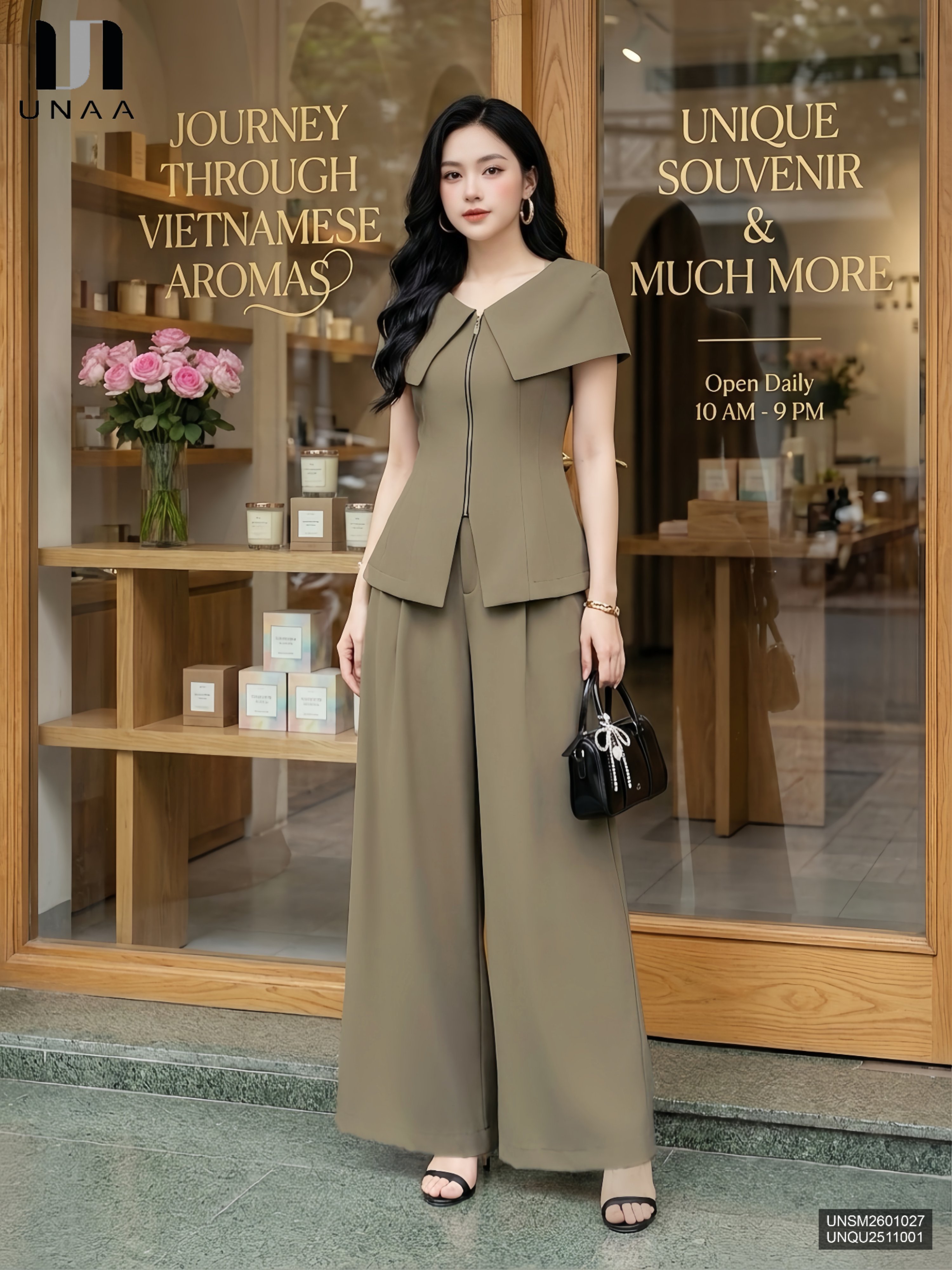 Sơ mi vai chờm cổ V lá mới lạ, sang trọng UNSM2601027