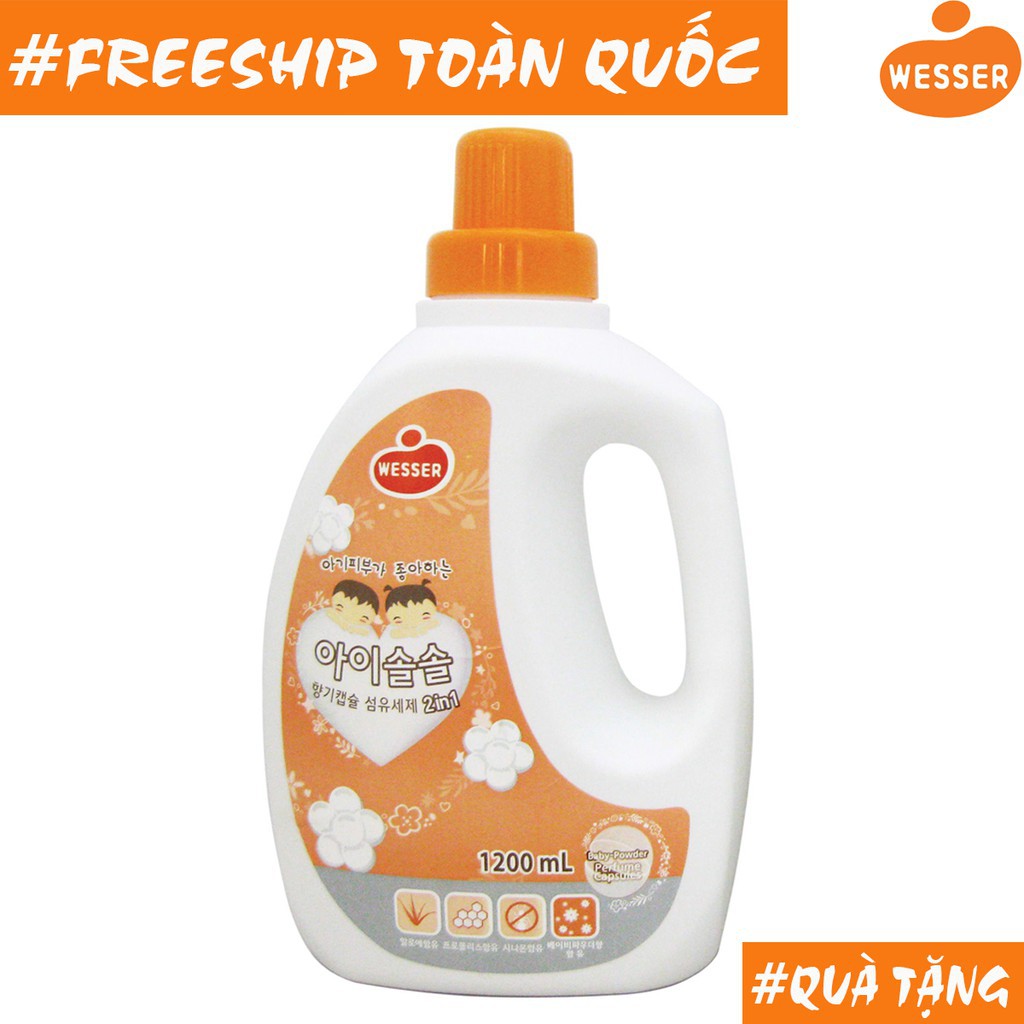 Nước giặt xả Wesser 2in1 nhập khẩu Hàn Quốc cho quần áo bé mềm mại, tươi mới loại bỏ mùi hôi (1200ml)