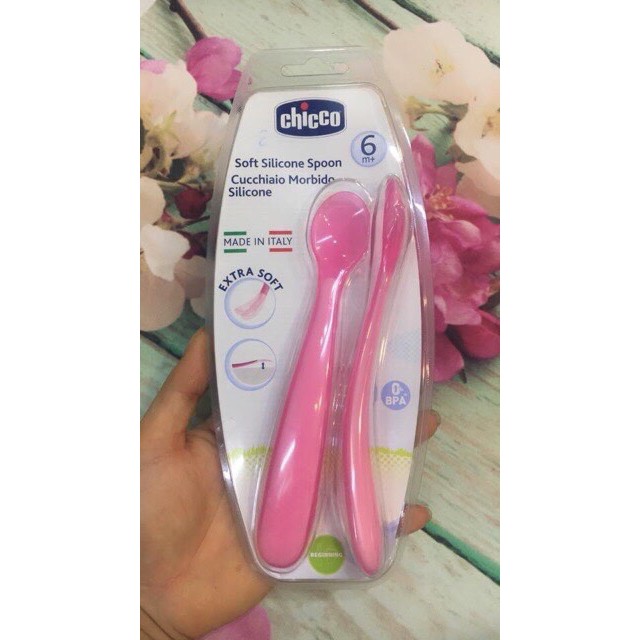 Bộ 2 thìa ăn silicon Hồng/Xanh 6M+ Chicco