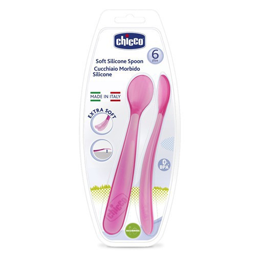 Bộ 2 thìa ăn silicon Hồng/Xanh 6M+ Chicco