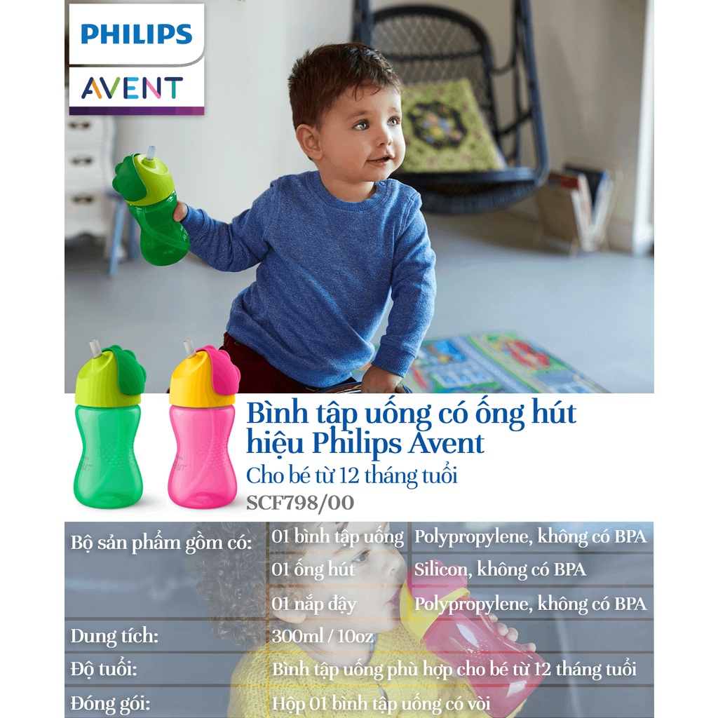 Bình tập uống bằng nhựa, có ống hút hiệu Philips Avent (300ml / 10oz) cho bé từ 12 tháng tuổi scf798.00