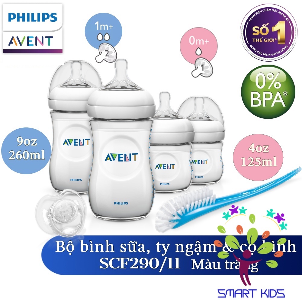 Bộ bình sữa 125ml và 260ml, ty ngậm thiết kế tự nhiên Philips Avent cho trẻ từ 0 tháng tuổi
