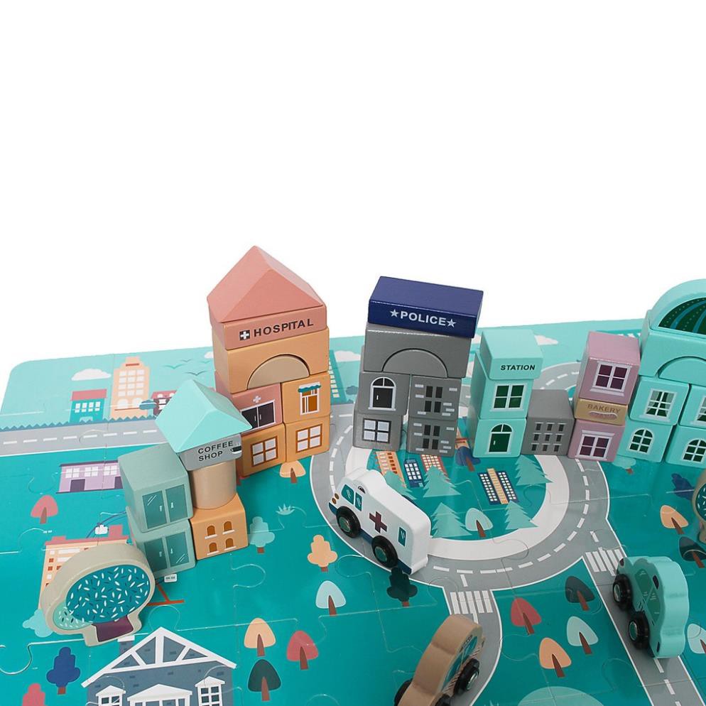 Thùng Đồ Chơi Gỗ - Xếp Hình Xây Dựng Thành Phố 133 Pcs Với 9 Chữ Số Và 23 Chữ Cái Kết Hợp