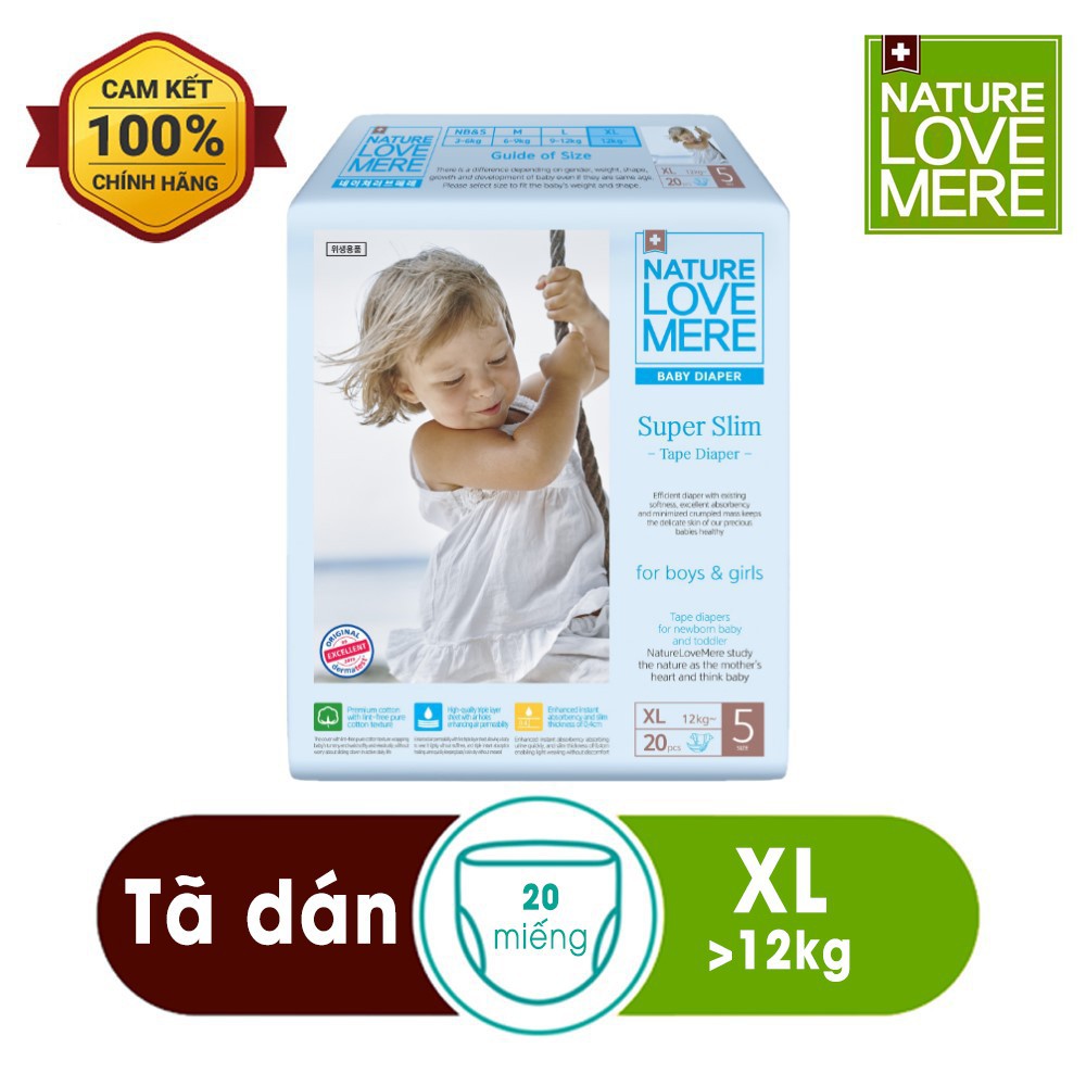 Tã/ Bỉm dán Super Slim Nature Love Mere túi S36/ M32/ L28/ XL24