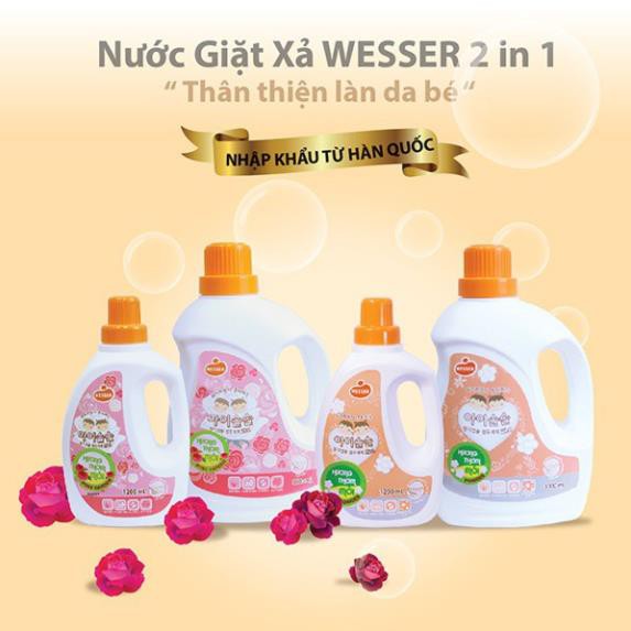 Nước giặt xả Wesser 2in1 nhập khẩu Hàn Quốc cho quần áo bé mềm mại, tươi mới loại bỏ mùi hôi (1200ml)