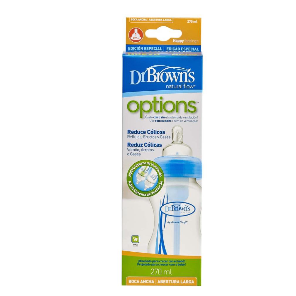 Bình sữa Dr Brown's options cổ rộng 270ml nhựa pp màu xanh, hồng.