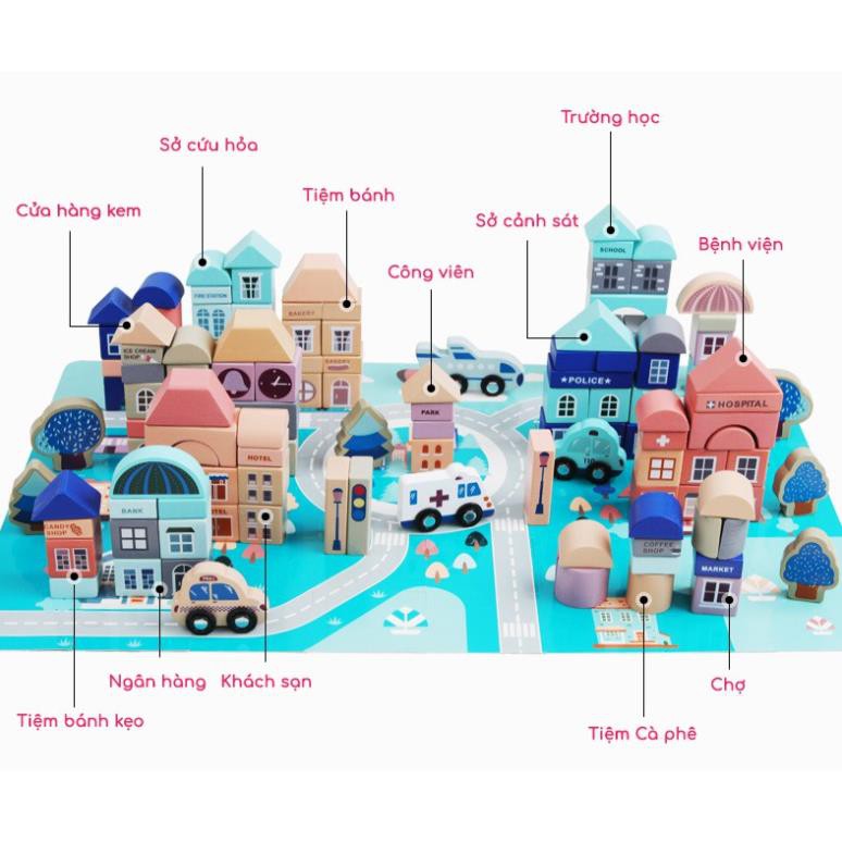 Thùng Đồ Chơi Gỗ - Xếp Hình Xây Dựng Thành Phố 133 Pcs Với 9 Chữ Số Và 23 Chữ Cái Kết Hợp