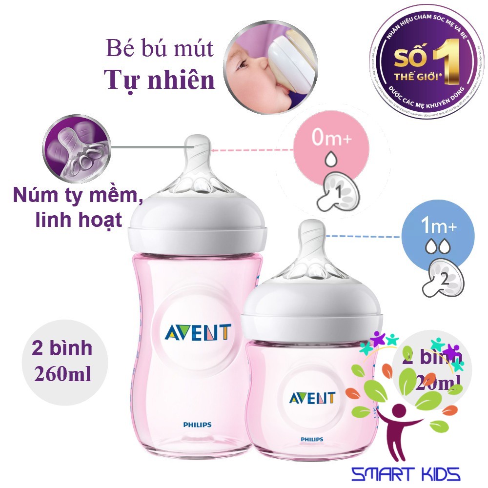 Bộ bình sữa 125ml và 260ml, ty ngậm thiết kế tự nhiên Philips Avent cho trẻ từ 0 tháng tuổi