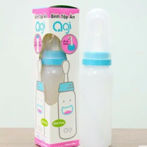 Bình thìa tập ăn dặm Agi 250ml silicon mềm không làm đau miệng bé khi ăn uống