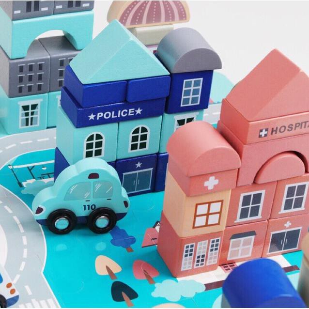 Thùng Đồ Chơi Gỗ - Xếp Hình Xây Dựng Thành Phố 133 Pcs Với 9 Chữ Số Và 23 Chữ Cái Kết Hợp