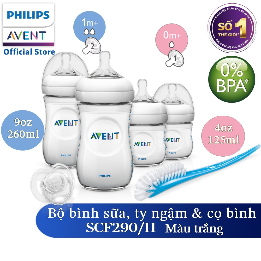 Bộ bình sữa 125ml và 260ml, ty ngậm thiết kế tự nhiên Philips Avent cho trẻ từ 0 tháng tuổi