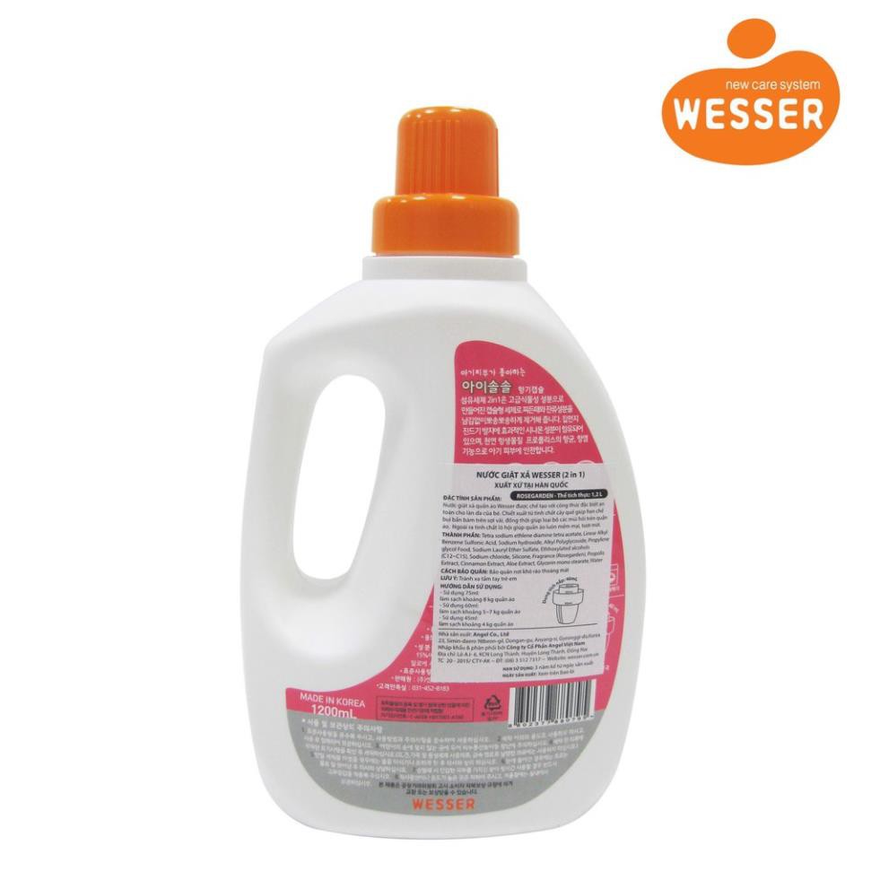 Nước giặt xả Wesser 2in1 nhập khẩu Hàn Quốc cho quần áo bé mềm mại, tươi mới loại bỏ mùi hôi (1200ml)