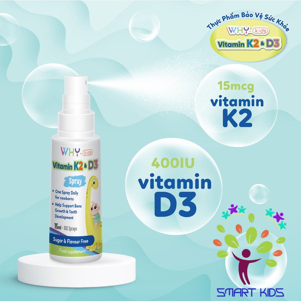 Xịt bổ sung Vitamin K2D3 WHYkids 15ml nhập khẩu từ Anh Quốc giúp hấp thụ canxi tốt cho bé lớn khỏe