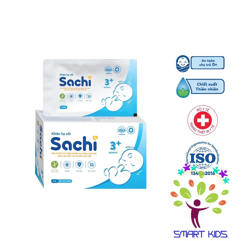 Khăn hạ sốt thảo dược Sachi dịu nhẹ, giúp hạ nhiệt, giảm sốt, làm mát da, an toàn cho trẻ sơ sinh từ 0 tháng tuổi
