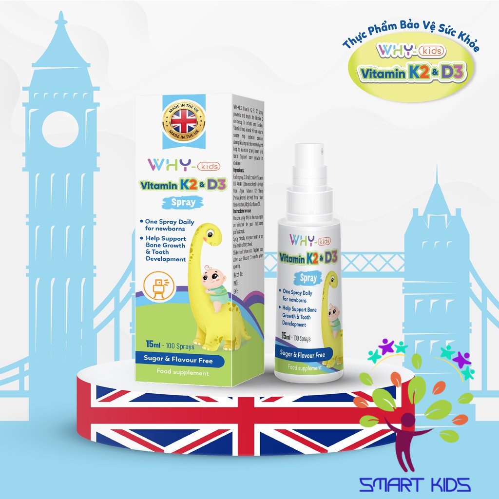 Xịt bổ sung Vitamin K2D3 WHYkids 15ml nhập khẩu từ Anh Quốc giúp hấp thụ canxi tốt cho bé lớn khỏe
