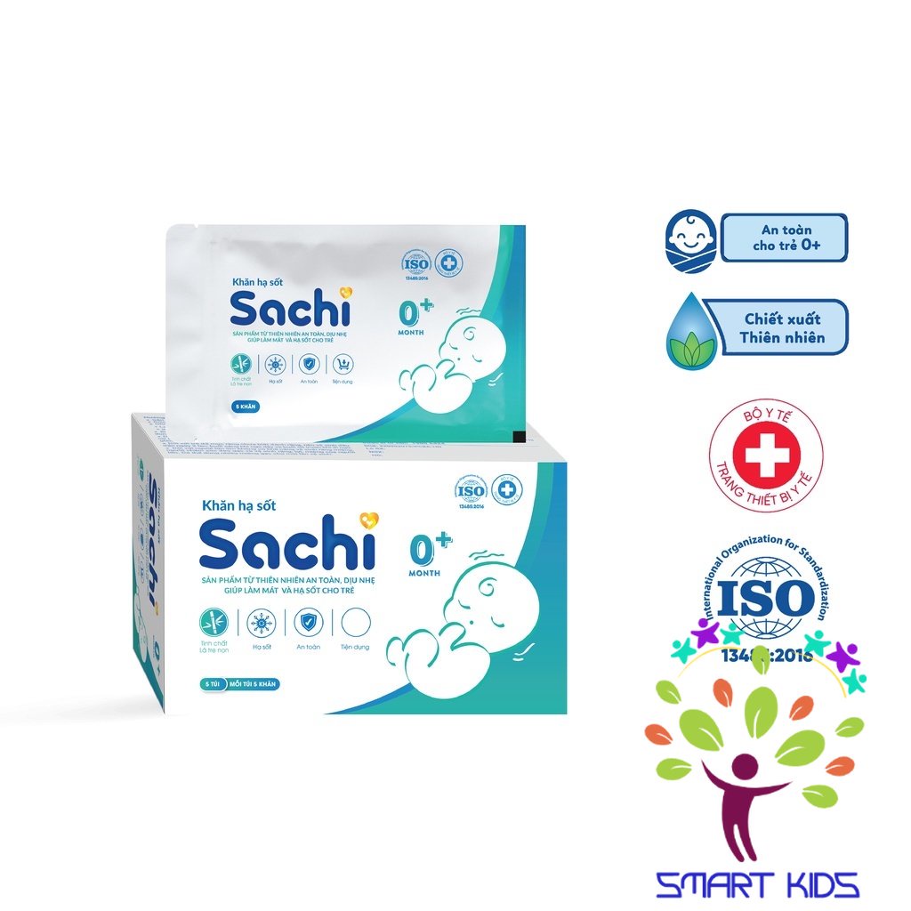Khăn hạ sốt thảo dược Sachi dịu nhẹ, giúp hạ nhiệt, giảm sốt, làm mát da, an toàn cho trẻ sơ sinh từ 0 tháng tuổi