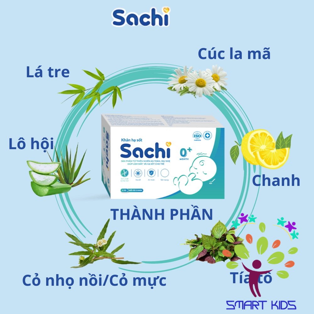 Khăn hạ sốt thảo dược Sachi dịu nhẹ, giúp hạ nhiệt, giảm sốt, làm mát da, an toàn cho trẻ sơ sinh từ 0 tháng tuổi