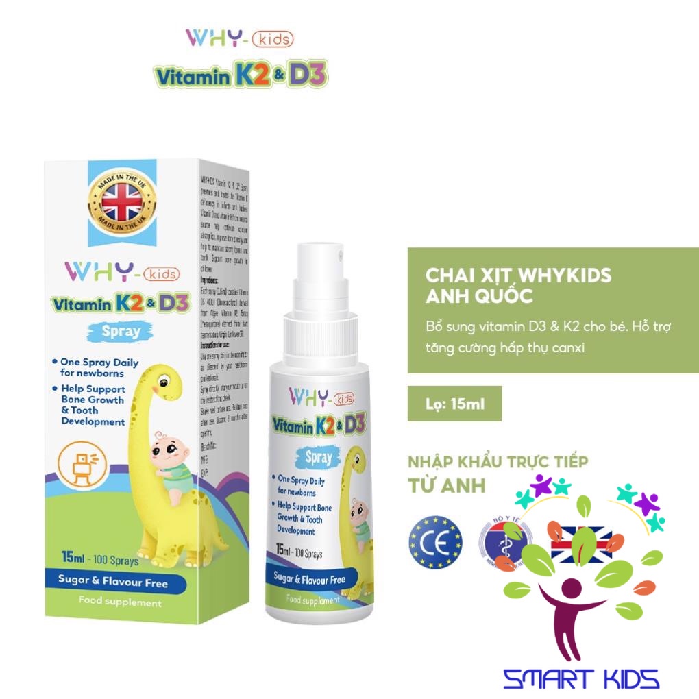 Xịt bổ sung Vitamin K2D3 WHYkids 15ml nhập khẩu từ Anh Quốc giúp hấp thụ canxi tốt cho bé lớn khỏe