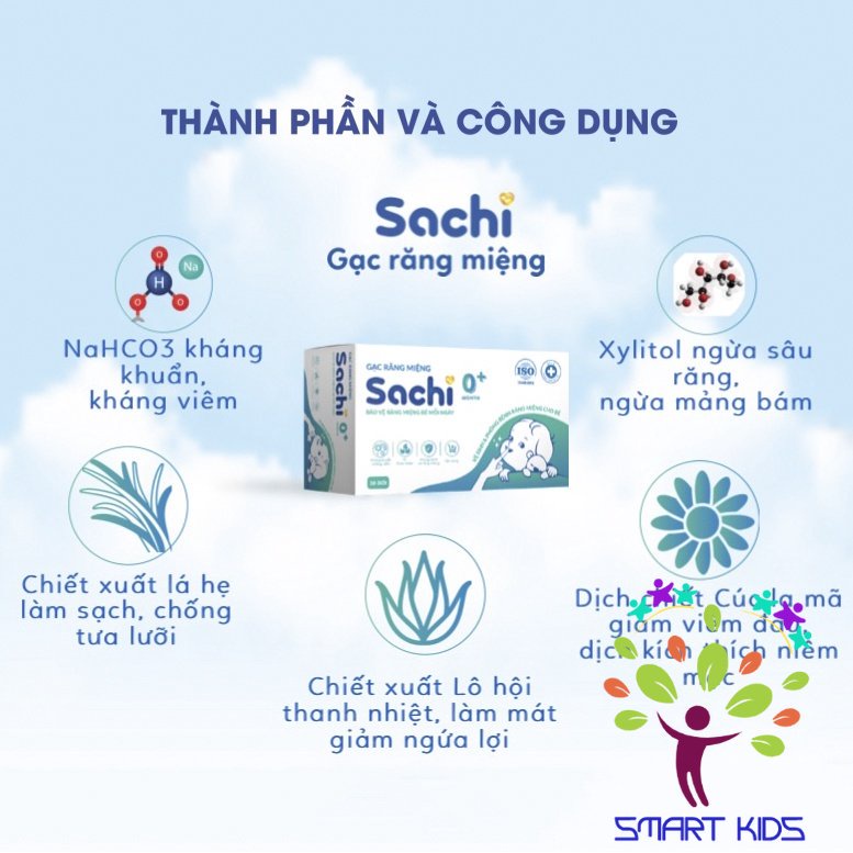 Gạc rỡ lưỡi cho bé Sachi 0+ kháng khuẩn, chống nấm bảo vệ lưỡi, nướu răng miệng cho trẻ - Hộp 30 gói