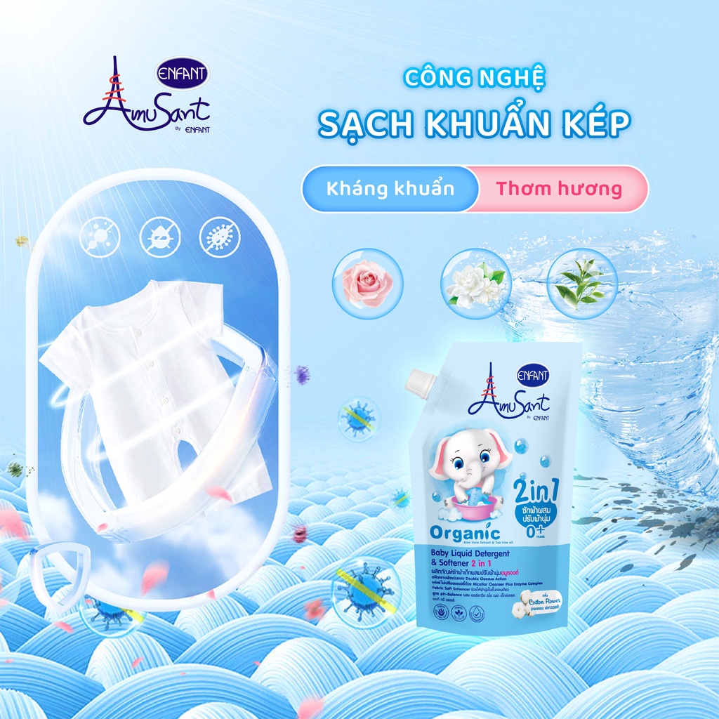 Nước Giặt Xả Quần áo Cho Bé Amusant 2in1 Chiết Xuất Trà & Nha Đam Cho Trẻ Sơ Sinh & Da Nhạy Cảm 600ml Sản Xuất Thái Lan