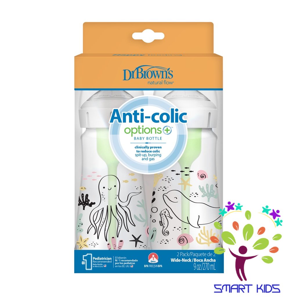 Bộ 2 bình cổ rộng hoạ tiết Dr brown's Options Plus dung tích 150ml/270ml phiên bản mới nhất